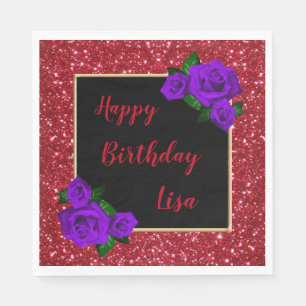 Elegant Chic Red Glitter Purple Roses Birthday Napkins