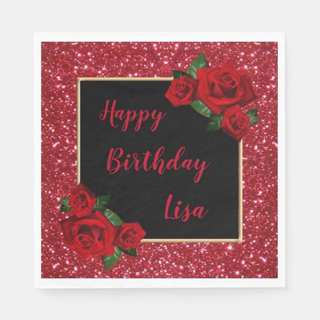 Elegant Chic Red Glitter Red Roses Birthday Napkins (Front)
