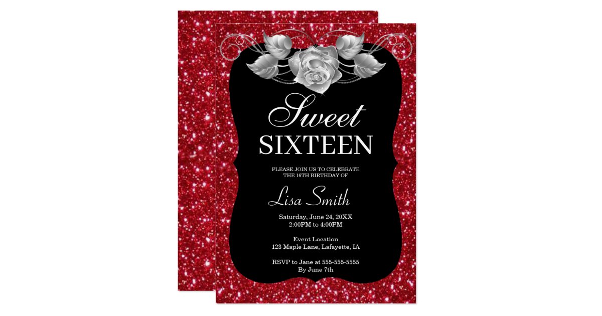 Elegant Chic Red Glitter Silver Rose Sweet 16 Invitation Zazzle Elegant Chic Red Glitter Silver Rose Sweet 16 Invitation Zazzle