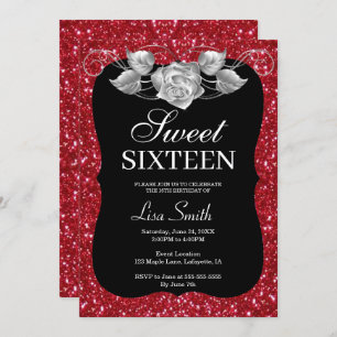 Elegant Chic Red Glitter Silver Rose Sweet 16 Invitation