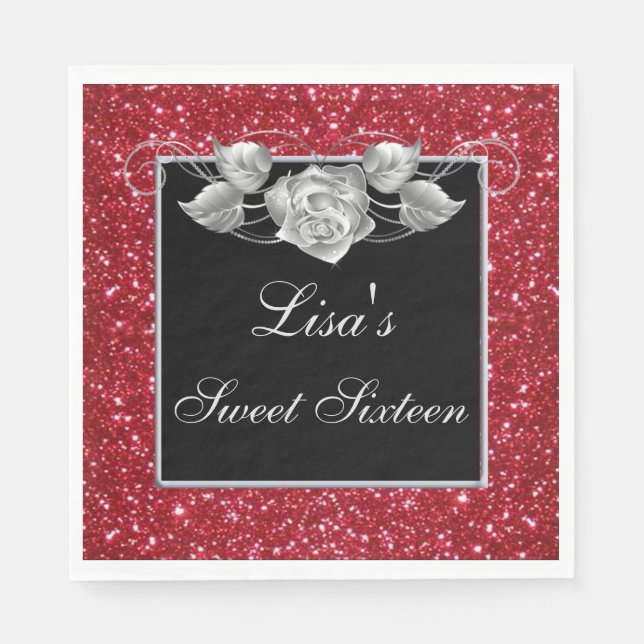 Elegant Chic Red Glitter Silver Rose Sweet 16 Napkins (Front)