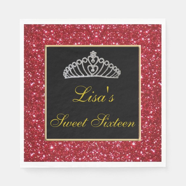 Elegant Chic Red Glitter Tiara Sweet 16 Napkins (Front)