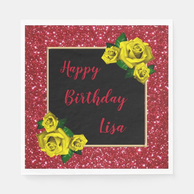 Elegant Chic Red Glitter Yellow Roses Birthday Napkins (Front)