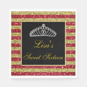 Elegant Chic Red Gold Glitter Tiara Sweet 16 Napkins
