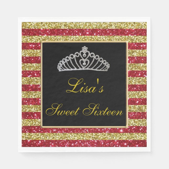 Elegant Chic Red Gold Glitter Tiara Sweet 16 Napkins (Front)