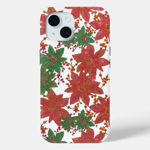 Elegant Chic Red Green Glitter Christmas Floral iPhone 15 Case