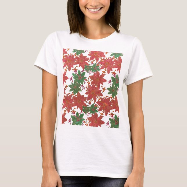 Elegant Chic Red Green Glitter Christmas Floral T-Shirt (Front)