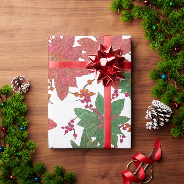 Elegant Chic Red Green Glitter Christmas Floral Wrapping Paper (Holiday Gift)