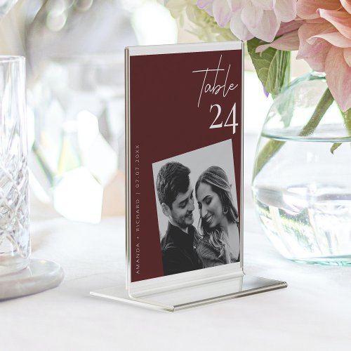 Elegant Chic Red Plum Burgundy Wedding Photo Table Number