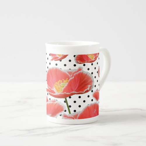 Elegant Chic Red Poppies and Polka Dots Bone China Mug