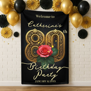 Elegant Chic Red Rose Gold Filigree 80th Birthday Banner