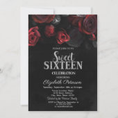 Elegant Chic Red Roses Black Sweet 16 Invitation (Front)