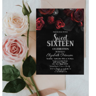 Elegant Chic Red Roses Black Sweet 16 Invitation