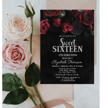 Elegant Chic Red Roses Black Sweet 16 Invitation by Biglibigli at Zazzle