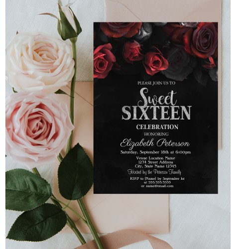 Elegant Chic Red Roses Black Sweet 16 Invitation