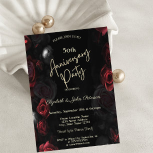 Elegant Chic Red Roses Black Wedding Anniversary Invitation