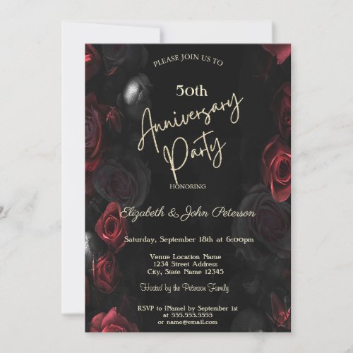 Elegant Chic Red Roses Black Wedding Anniversary Invitation