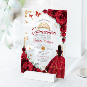 Elegant Chic Red Roses Gold Quinceanera Acrylic Invitations