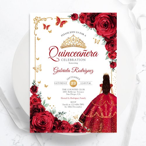 Elegant Chic Red Roses Gold Quinceanera Invitation