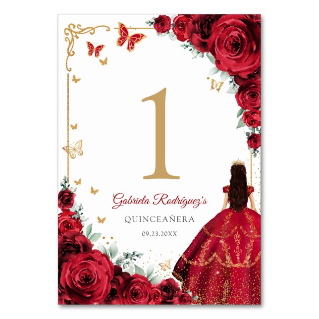 Elegant Chic Red Roses Gold Quinceanera Table Number (Front)