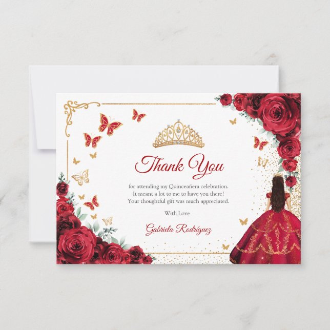 Elegant Chic Red Roses Gold Quinceanera Thank You Card (Front)