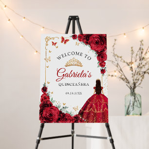 Elegant Chic Red Roses Gold Quinceanera Welcome Foam Board