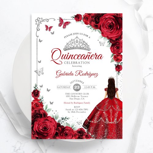 Elegant Chic Red Roses Silver Quinceanera Invitation