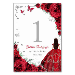 Elegant Chic Red Roses Silver Quinceanera Table Number