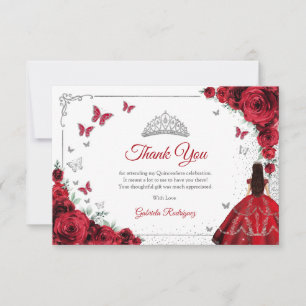 Elegant Chic Red Roses Silver Quinceanera Thank You Card