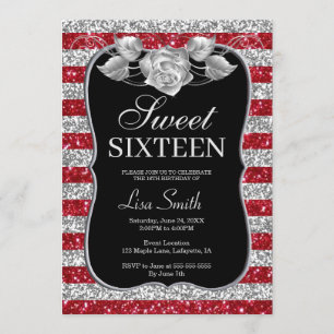 Elegant Chic Red Silver Glitter Rose Sweet 16 Invitation