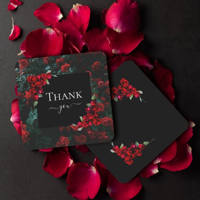 Elegant Chic Romantic Thank You Red Roses Floral   Note Card (#zazzlemade #roses #love #thankyoucard #valentine #script #calligrahpic #blackandred #redroses)