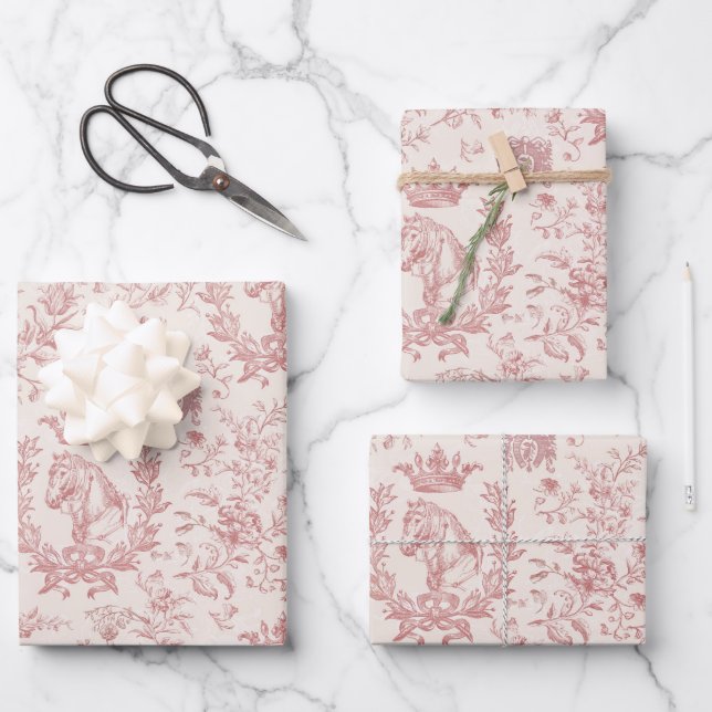 Elegant Chic Rose Beige Equestrian Floral Toile Wrapping Paper Sheets (Front)