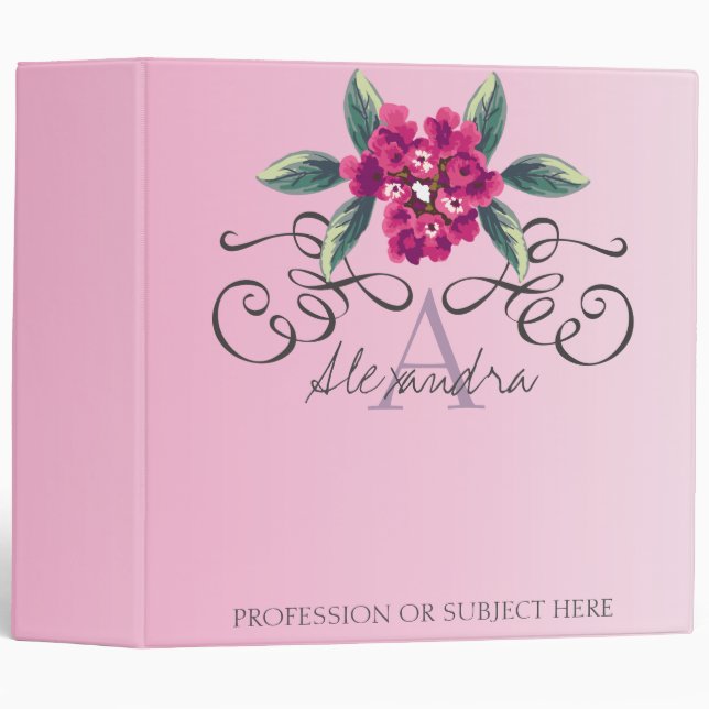 Elegant Chic Rose Floral Monogram design 3 Ring Binder (Front/Spine)