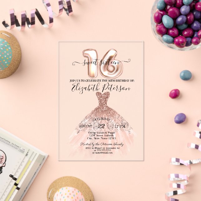 Elegant Chic Rose Gold Dress Confetti Sweet 16 Acrylic Invitations | Zazzle