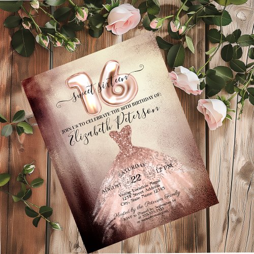 Elegant Chic Rose Gold Dress Confetti Sweet 16 Invitation