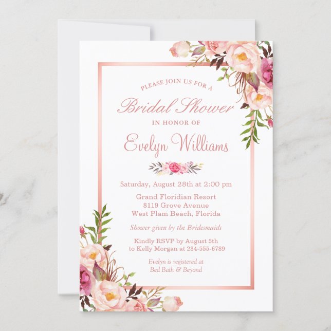 Elegant Chic Rose Gold Floral Bridal Shower Invitation (Front)