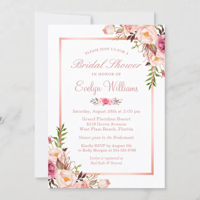 Elegant Chic Rose Gold Floral Bridal Shower Invitation | Zazzle