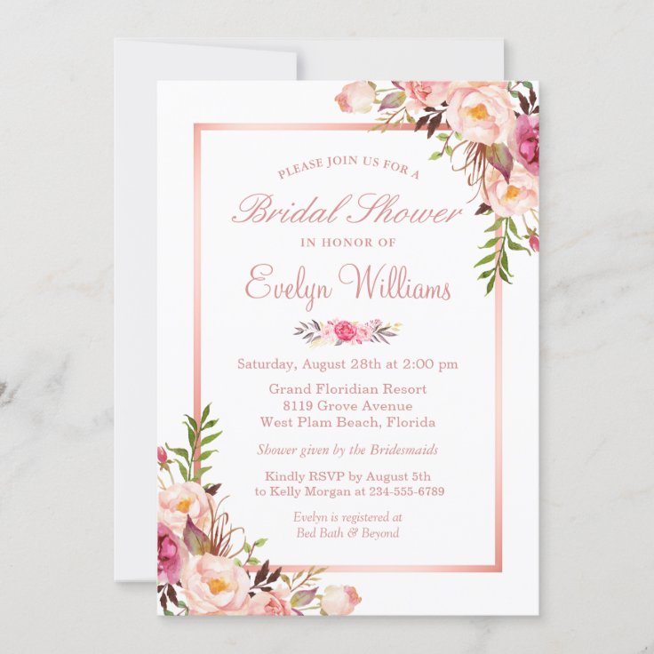 Elegant Chic Rose Gold Floral Bridal Shower Invitation 