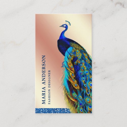 Elegant Chic Rose Gold Foil Blue Indian Peacock Business Card
