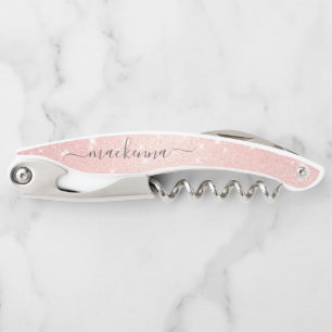 Elegant Chic Rose Gold Glitter Blush Monogram Name Waiter's Corkscrew
