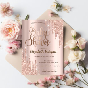 Elegant Chic Rose Gold Glitter Drips Baby Shower Invitation