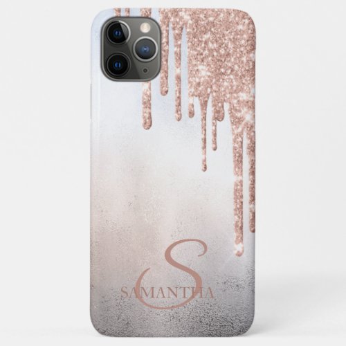 Elegant Chic Rose Gold Glitter Drips Monogram iPhone 11 Pro Max Case