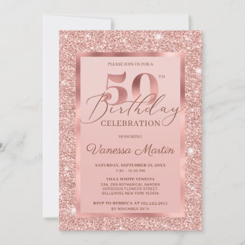 Elegant chic rose gold glitter foil 50th birthday invitation
