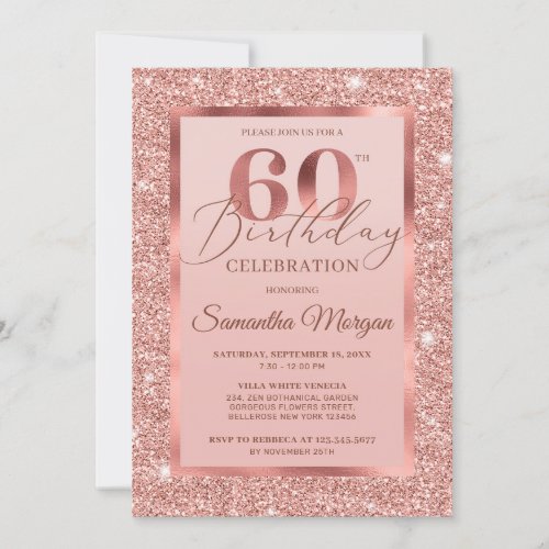 Elegant chic rose gold glitter foil 60th birthday invitation