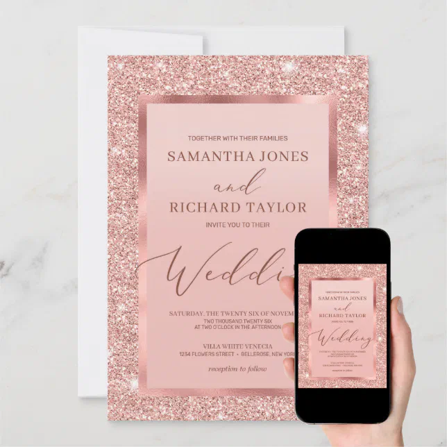 Elegant Chic Rose Gold Glitter Foil Wedding Invitation Zazzle
