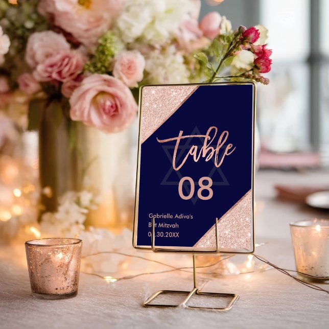 Elegant Chic Rose Gold Navy Blue Bat Mitzvah Table Number (Elegant Chic Rose Gold Navy Blue Bat Mitzvah Table Number)