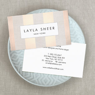Elegant Chic Rose Gold Stripe Beige Linen Business Card