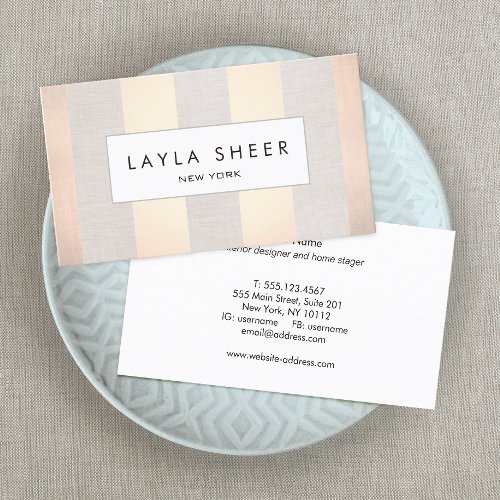 Elegant Chic Rose Gold Stripe Beige Linen Business Card