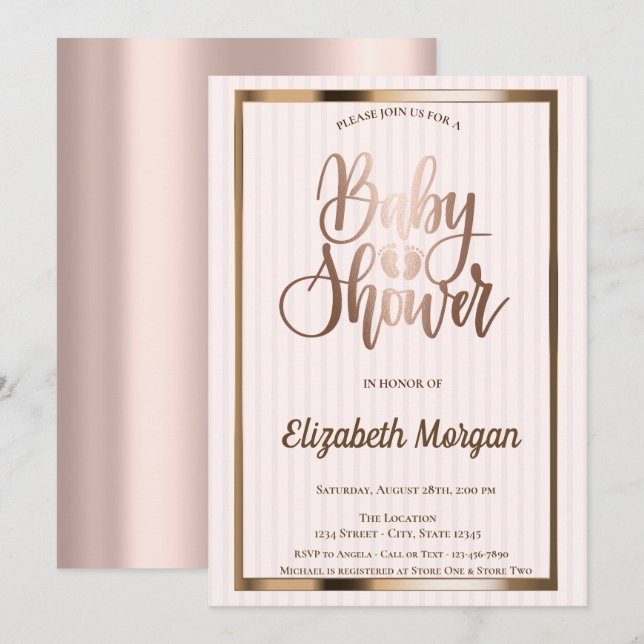 Elegant Chic Rose Gold Striped Baby Shower Invitation (Front/Back)