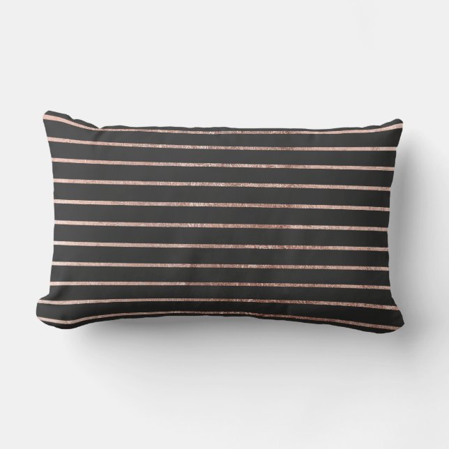 Elegant Chic Rose Gold Stripes and Black Lumbar Pillow (Front)